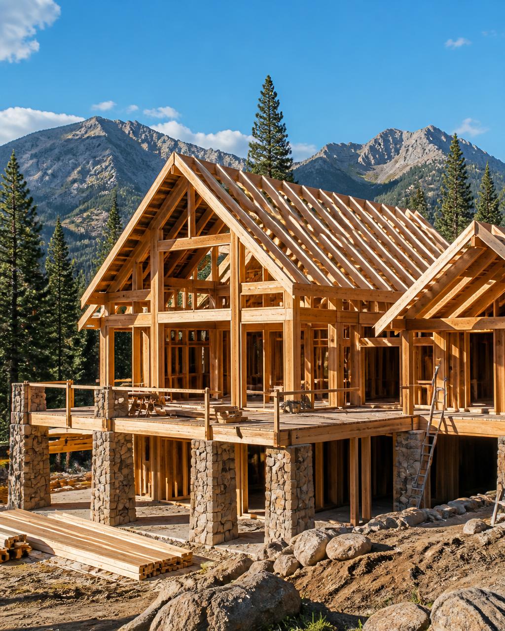 Mountain home under construction with exposed timber framing and mountain views