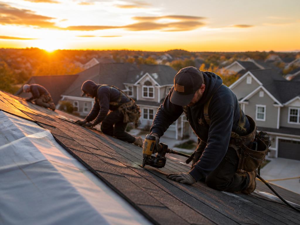 K Presley and the Mountain Way roofing crew working on a residential roof at sunset